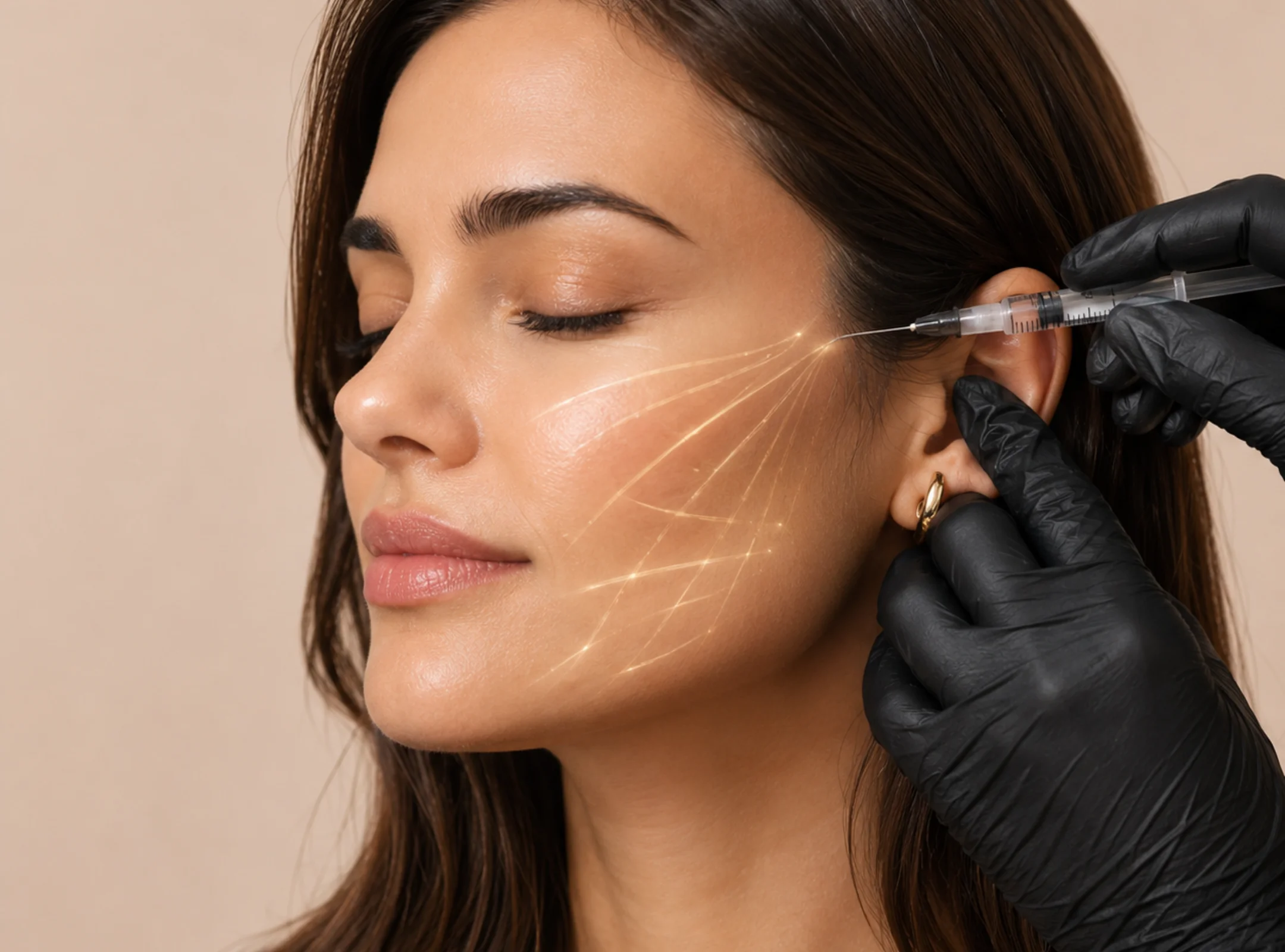 Planejamento facial com marcações luminosas e procedimento estético